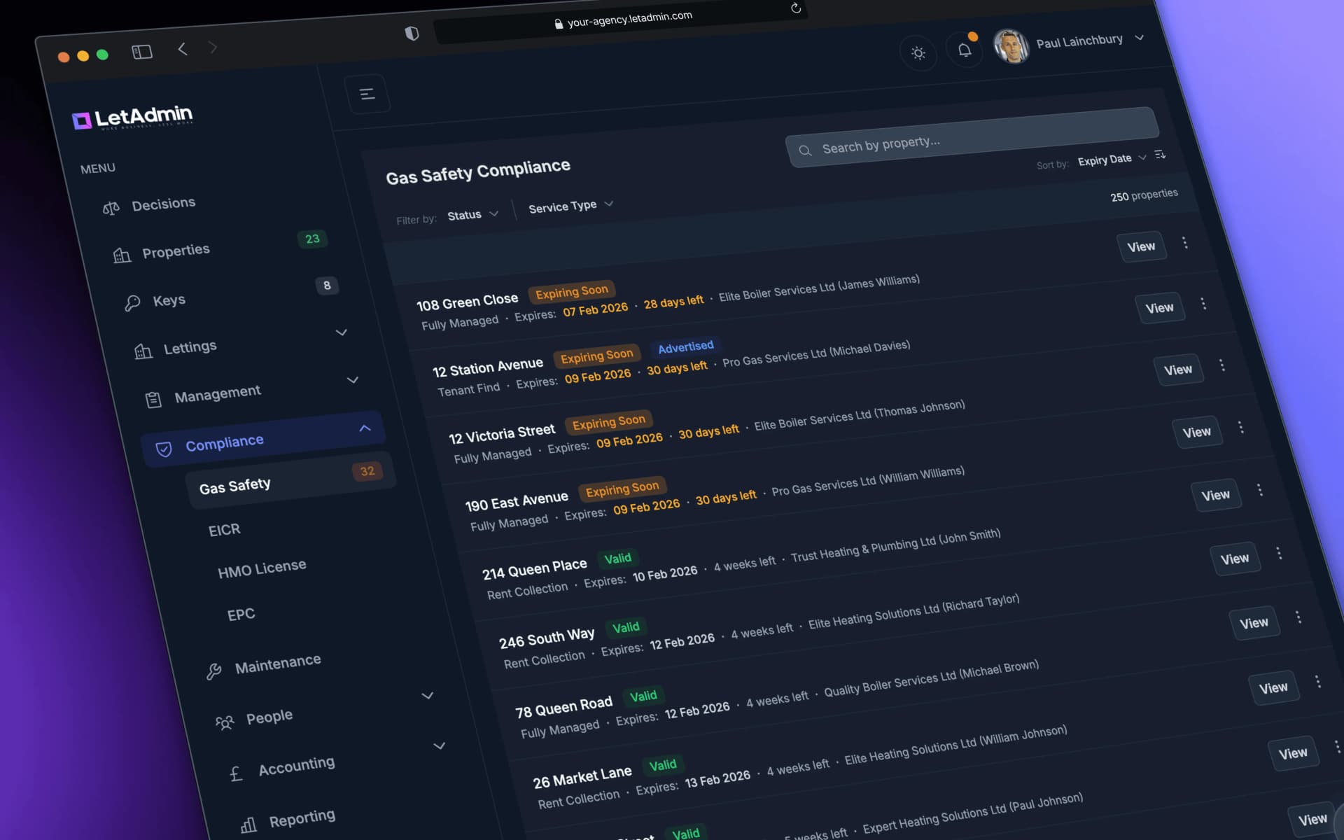 Gas safety compliance dashboard showing certificate status across managed properties